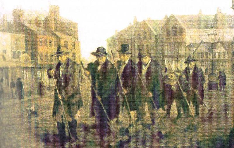 Oil Painting depicting men sweeping an Oldham square